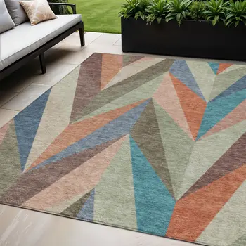 5' X 8' Sage Orange And Blue Geometric Washable Indoor Outdoor Area Rug