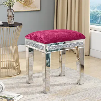 18" Pink And Silver Velvet Mirrored Glass And Faux Crystal Vanity Chair