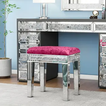 18" Pink And Silver Velvet Mirrored Glass And Faux Crystal Vanity Chair