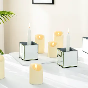 Set of Six Silver Crystal And Mirrored Glass Square Table Vases With Crystals