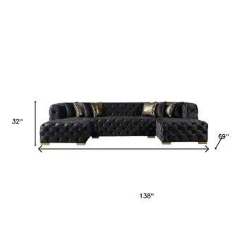 Tufted Black Velvet Modular U Shaped Sofa and Chaise Sectional With Toss Pillows