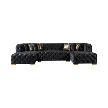 Tufted Black Velvet Modular U Shaped Sofa and Chaise Sectional With Toss Pillows