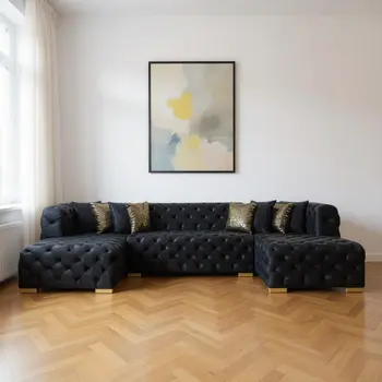 Tufted Black Velvet Modular U Shaped Sofa and Chaise Sectional With Toss Pillows