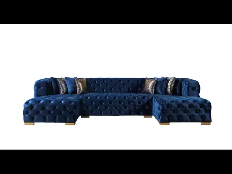 Tufted Blue Velvet Modular U Shaped Sofa and Chaise Sectional With Toss Pillows