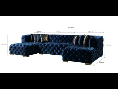 Tufted Blue Velvet Modular U Shaped Sofa and Chaise Sectional With Toss Pillows