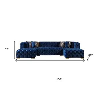 Tufted Blue Velvet Modular U Shaped Sofa and Chaise Sectional With Toss Pillows