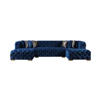 Tufted Blue Velvet Modular U Shaped Sofa and Chaise Sectional With Toss Pillows