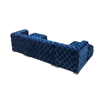 Tufted Blue Velvet Modular U Shaped Sofa and Chaise Sectional With Toss Pillows