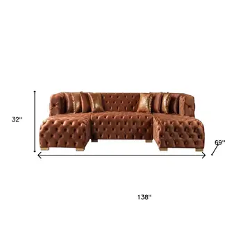 Tufted Orange Velvet Modular U Shaped Sofa and Chaise Sectional With Toss Pillows