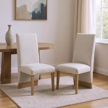 Set of Two Beige and Natural Upholstered Fabric Dining Side Chairs