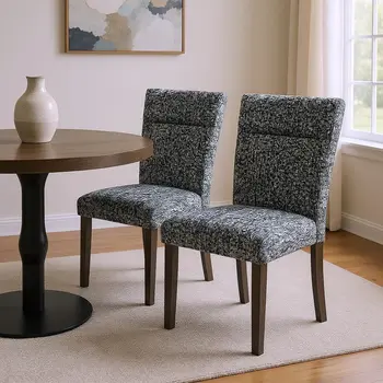 Set of Two Gray and Brown Upholstered Fabric Dining Side Chairs