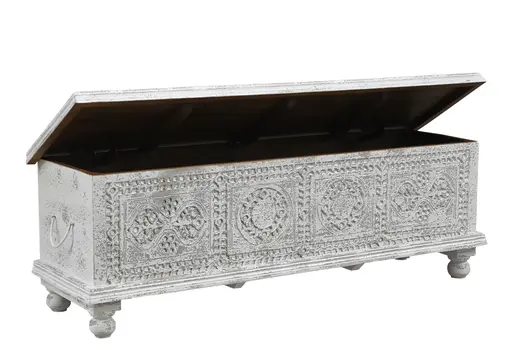 54" White Solid Wood Medallion Storage Ottoman