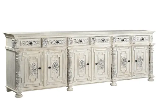 118" White Distressed Solid Wood Carved Floral Six Drawer Sideboard with Six Doors