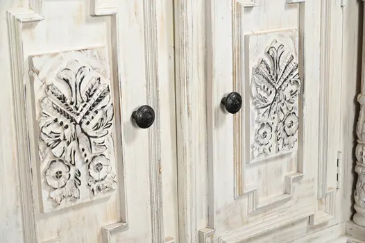 118" White Distressed Solid Wood Carved Floral Six Drawer Sideboard with Six Doors