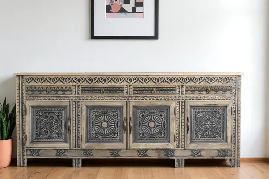 102" Natural And Black Distressed Solid Wood Carved Geometric Four Drawer Sideboard with Four Doors