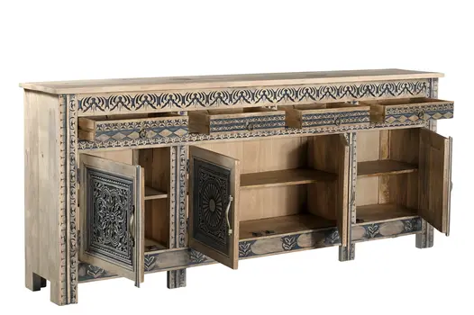 102" Natural And Black Distressed Solid Wood Carved Geometric Four Drawer Sideboard with Four Doors