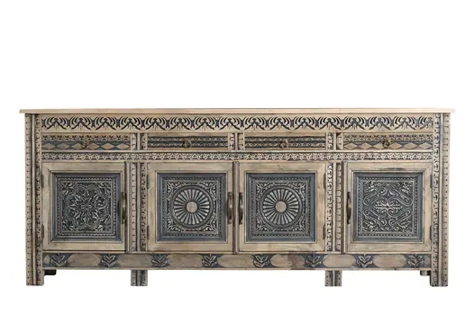 102" Natural And Black Distressed Solid Wood Carved Geometric Four Drawer Sideboard with Four Doors