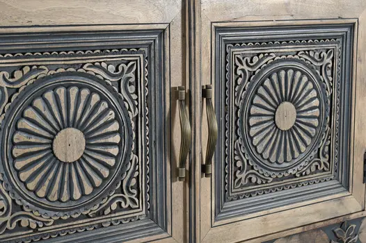102" Natural And Black Distressed Solid Wood Carved Geometric Four Drawer Sideboard with Four Doors