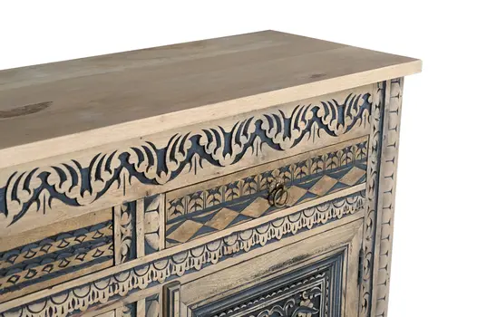 102" Natural And Black Distressed Solid Wood Carved Geometric Four Drawer Sideboard with Four Doors