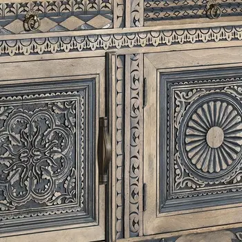 102" Natural And Black Distressed Solid Wood Carved Geometric Four Drawer Sideboard with Four Doors