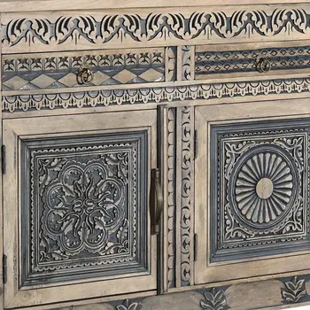 102" Natural And Black Distressed Solid Wood Carved Geometric Four Drawer Sideboard with Four Doors