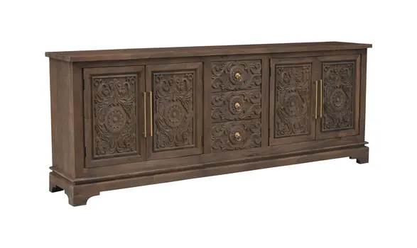 106" Brown Distressed Solid Wood Carved Floral Three Drawer Sideboard with Four Doors