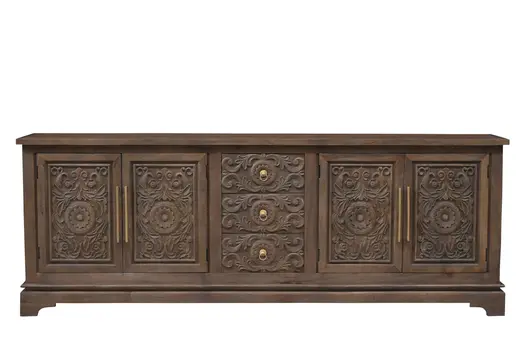 106" Brown Distressed Solid Wood Carved Floral Three Drawer Sideboard with Four Doors