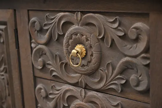 106" Brown Distressed Solid Wood Carved Floral Three Drawer Sideboard with Four Doors