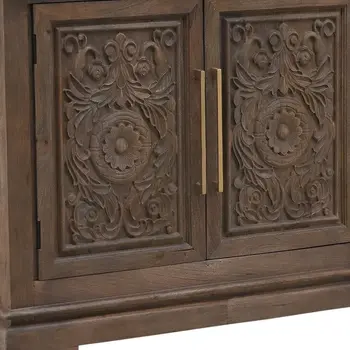 106" Brown Distressed Solid Wood Carved Floral Three Drawer Sideboard with Four Doors