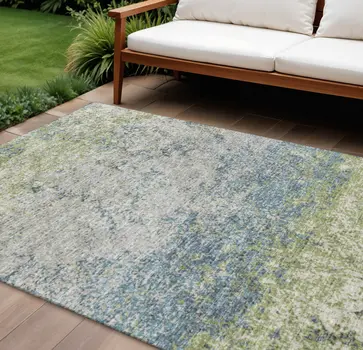 9' X 12' Green And Navy Blue Abstract Washable Indoor Outdoor Area Rug