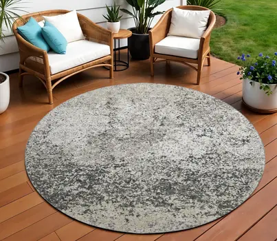8' Gray And Charcoal Round Abstract Washable Indoor Outdoor Area Rug