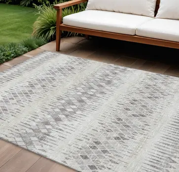 10' X 14' Beige And Gray Ikat Washable Indoor Outdoor Area Rug