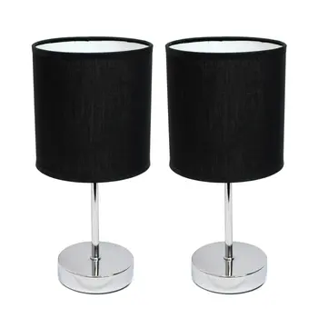 Set of Two 12" Silver Metal Table Lamp With Black Drum Shade
