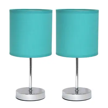 Set of Two 12" Silver Metal Table Lamp With Blue Drum Shade