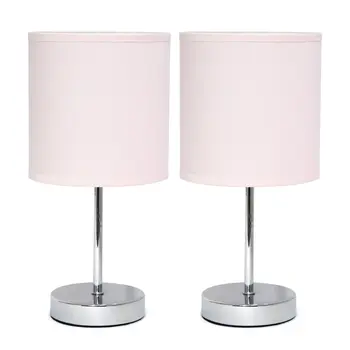 Set of Two 12" Silver Metal Table Lamp With Blush Drum Shade