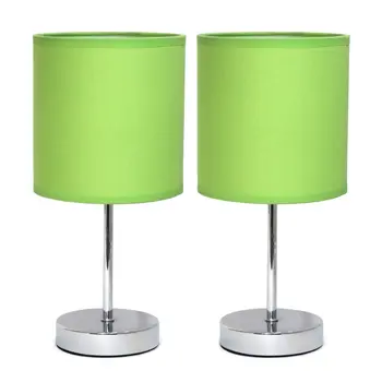 Set of Two 12" Silver Metal Table Lamp With Green Drum Shade