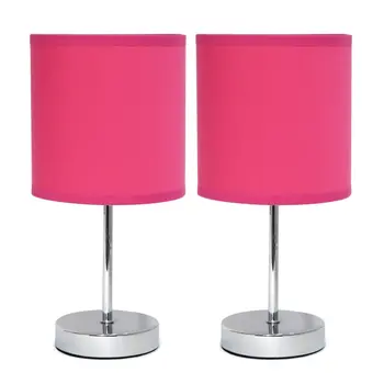 Set of Two 12" Silver Metal Table Lamp With Hot Pink Drum Shade