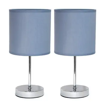 Set of Two 12" Silver Metal Table Lamp With Purple Drum Shade