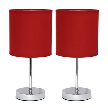 Set of Two 12" Silver Metal Table Lamp With Red Drum Shade