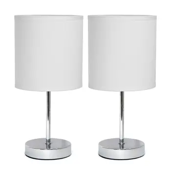 Set of Two 12" Silver Metal Table Lamp With White Drum Shade