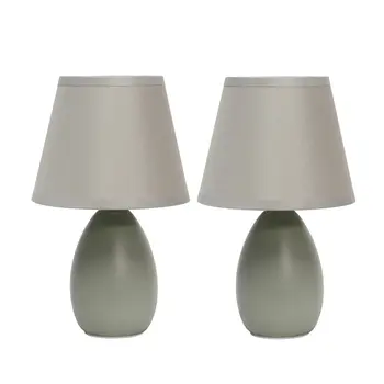 Set of Two 9" Gray Ceramic Round Table Lamp With Gray Drum Shade