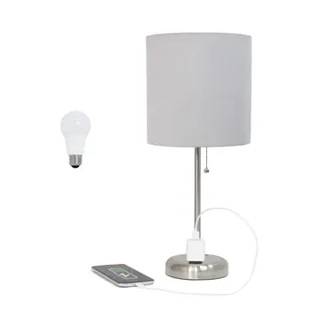 20" Silver Metal Table Lamp LED With Gray Drum Shade