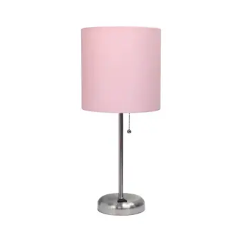 20" Silver Metal Table Lamp LED With Light Pink Drum Shade