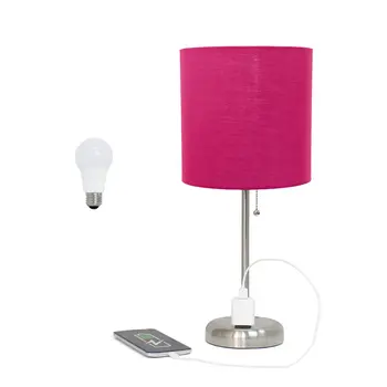 20" Silver Metal Table Lamp LED With Pink Drum Shade