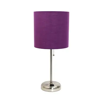 20" Silver Metal Table Lamp LED With Purple Drum Shade