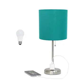 20" Silver Metal Table Lamp LED With Teal Blue Drum Shade
