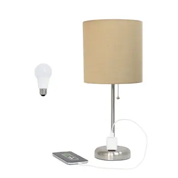 20" Silver Metal Table Lamp LED With Tan Drum Shade