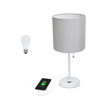 20" White Metal USB Table Lamp LED With Gray Drum Shade