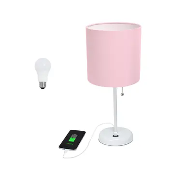 20" White Metal USB Table Lamp LED With Light Pink Drum Shade