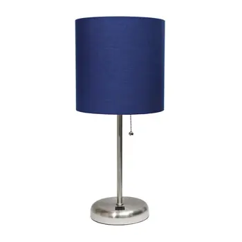 20" Silver Metal USB Table Lamp With Navy Blue Drum Shade
